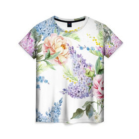 Женская футболка 3D с принтом Сирень и Пионы , 100% полиэфир ( синтетическое хлопкоподобное полотно) | прямой крой, круглый вырез горловины, длина до линии бедер | арт | краска | пион | пионы | прикольные | сирень | тропики | цветные | цветок | цветы
