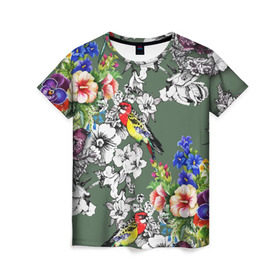 Женская футболка 3D с принтом Райский остров , 100% полиэфир ( синтетическое хлопкоподобное полотно) | прямой крой, круглый вырез горловины, длина до линии бедер | арт | краска | попугаи | попугай | прикольные | рай | тропики | цветные | цветок | цветы
