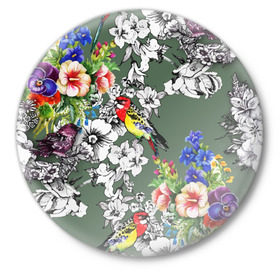 Значок с принтом Райский остров ,  металл | круглая форма, металлическая застежка в виде булавки | Тематика изображения на принте: арт | краска | попугаи | попугай | прикольные | рай | тропики | цветные | цветок | цветы