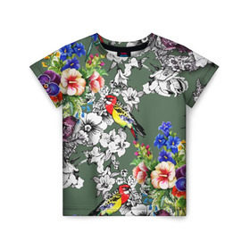 Детская футболка 3D с принтом Райский остров , 100% гипоаллергенный полиэфир | прямой крой, круглый вырез горловины, длина до линии бедер, чуть спущенное плечо, ткань немного тянется | Тематика изображения на принте: арт | краска | попугаи | попугай | прикольные | рай | тропики | цветные | цветок | цветы