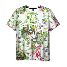Мужская футболка 3D с принтом Райский остров , 100% полиэфир | прямой крой, круглый вырез горловины, длина до линии бедер | арт | краска | попугаи | попугай | прикольные | рай | тропики | цветные | цветок | цветы