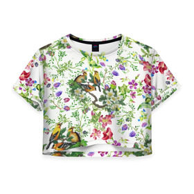 Женская футболка 3D укороченная с принтом Райский остров , 100% полиэстер | круглая горловина, длина футболки до линии талии, рукава с отворотами | Тематика изображения на принте: арт | краска | попугаи | попугай | прикольные | рай | тропики | цветные | цветок | цветы