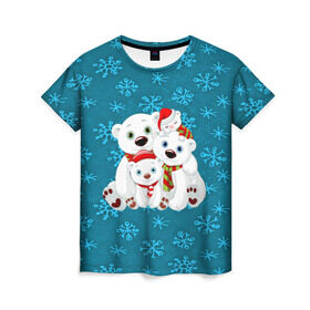 Женская футболка 3D с принтом Новогодние мишки , 100% полиэфир ( синтетическое хлопкоподобное полотно) | прямой крой, круглый вырез горловины, длина до линии бедер | new year | santa | дед мороз | елка | елочки | новогодний | новый год | рождество | сантаклаус | снег | снежинки