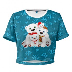 Женская футболка 3D укороченная с принтом Новогодние мишки , 100% полиэстер | круглая горловина, длина футболки до линии талии, рукава с отворотами | new year | santa | дед мороз | елка | елочки | новогодний | новый год | рождество | сантаклаус | снег | снежинки