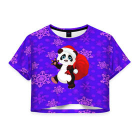 Женская футболка 3D укороченная с принтом Панда , 100% полиэстер | круглая горловина, длина футболки до линии талии, рукава с отворотами | new year | santa | дед мороз | елка | елочки | новогодний | новый год | рождество | сантаклаус | снег | снежинки