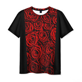 Мужская футболка 3D с принтом Унисекс / Красные розы , 100% полиэфир | прямой крой, круглый вырез горловины, длина до линии бедер | Тематика изображения на принте: букет | красный | лепестки | модные | полосы | природа | растения | розочки | розы | сад | тренды | цвет | цветы | черный