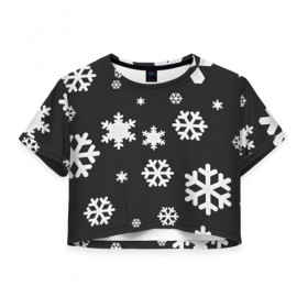 Женская футболка 3D укороченная с принтом Снежинки , 100% полиэстер | круглая горловина, длина футболки до линии талии, рукава с отворотами | christmas | new year | santa | дед мороз | елка | елочки | новогодний | новый год | рождество | сантаклаус | снег | снежинки