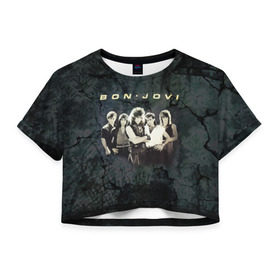 Женская футболка 3D укороченная с принтом Группа Bon Jovi , 100% полиэстер | круглая горловина, длина футболки до линии талии, рукава с отворотами | bon jovi | бон | бон джови | глэм | группа | джови | джон | рок | хард