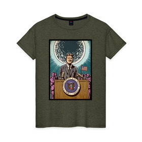 Женская футболка хлопок с принтом Джон Кеннеди , 100% хлопок | прямой крой, круглый вырез горловины, длина до линии бедер, слегка спущенное плечо | apollo | nasa | usa | аполлон | высадка на луну | космическая гонка | луна | лунная программа | наса | президент америки | сша