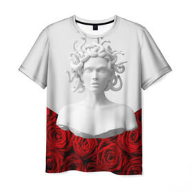 Мужская футболка 3D с принтом Унисекс / Snake roses girl , 100% полиэфир | прямой крой, круглый вырез горловины, длина до линии бедер | букет | веты | красный | лепестки | модные | полосы | природа | растения | розочки | розы | сад | тренды | цвет | черный