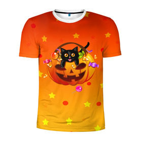 Мужская футболка 3D спортивная с принтом Happy Halloween! , 100% полиэстер с улучшенными характеристиками | приталенный силуэт, круглая горловина, широкие плечи, сужается к линии бедра | 31 октября | cat | halloween | абстракция | арт | животные | звезды | котики | коты | кошки | милые | праздник | тыква | хэллоуин