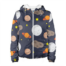 Женская куртка 3D с принтом Луна , ткань верха — 100% полиэстер, подклад — флис | прямой крой, подол и капюшон оформлены резинкой с фиксаторами, два кармана без застежек по бокам, один большой потайной карман на груди. Карман на груди застегивается на липучку | астероид | луна | метеорит | планета | сатурн | юпитер