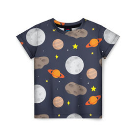 Детская футболка 3D с принтом Луна , 100% гипоаллергенный полиэфир | прямой крой, круглый вырез горловины, длина до линии бедер, чуть спущенное плечо, ткань немного тянется | астероид | луна | метеорит | планета | сатурн | юпитер