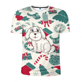 Мужская футболка 3D спортивная с принтом Щенок и новый год! , 100% полиэстер с улучшенными характеристиками | приталенный силуэт, круглая горловина, широкие плечи, сужается к линии бедра | christmas | new year | год собаки | елка | елочки | новогодний | новый год | рождество | снег | снежинки | собака