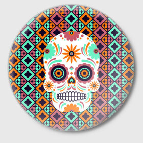 Значок с принтом Цветочный череп ,  металл | круглая форма, металлическая застежка в виде булавки | Тематика изображения на принте: skull | мексика | орнамент | узоры | цветы | череп