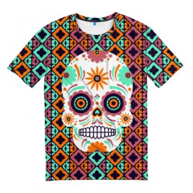 Мужская футболка 3D с принтом Цветочный череп , 100% полиэфир | прямой крой, круглый вырез горловины, длина до линии бедер | skull | мексика | орнамент | узоры | цветы | череп