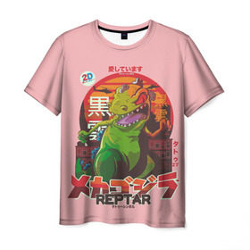 Мужская футболка 3D с принтом Годзилла , 100% полиэфир | прямой крой, круглый вырез горловины, длина до линии бедер | Тематика изображения на принте: lizard | raptor | reptar | t rex  dino | годзила | годзилла | динозавр | иероглифы | монстр | япония | ящер