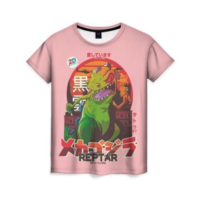 Женская футболка 3D с принтом Годзилла , 100% полиэфир ( синтетическое хлопкоподобное полотно) | прямой крой, круглый вырез горловины, длина до линии бедер | lizard | raptor | reptar | t rex  dino | годзила | годзилла | динозавр | иероглифы | монстр | япония | ящер