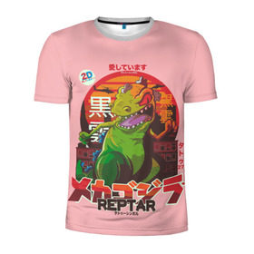 Мужская футболка 3D спортивная с принтом Годзилла , 100% полиэстер с улучшенными характеристиками | приталенный силуэт, круглая горловина, широкие плечи, сужается к линии бедра | lizard | raptor | reptar | t rex  dino | годзила | годзилла | динозавр | иероглифы | монстр | япония | ящер