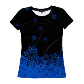Женская футболка 3D с принтом Голубые снежинки , 100% полиэфир ( синтетическое хлопкоподобное полотно) | прямой крой, круглый вырез горловины, длина до линии бедер | 