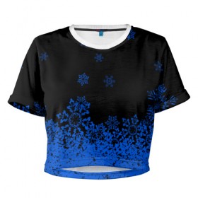 Женская футболка 3D укороченная с принтом Голубые снежинки , 100% полиэстер | круглая горловина, длина футболки до линии талии, рукава с отворотами | 