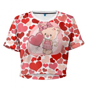 Женская футболка 3D укороченная с принтом kitty , 100% полиэстер | круглая горловина, длина футболки до линии талии, рукава с отворотами | cat | kitty | love | бантик | кошечка | любовь | сердечки