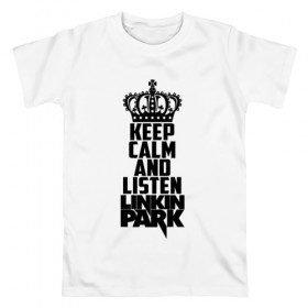 Мужская футболка хлопок с принтом Keep calm and listen LP , 100% хлопок | прямой крой, круглый вырез горловины, длина до линии бедер, слегка спущенное плечо. | Тематика изображения на принте: bennington | chester | linkin park | альтернативный метал | альтернативный рок | беннингтон | группа | линкин парк | музыкант | ню метал | певец | рок | рэп | рэп рок | честер | электроник рок