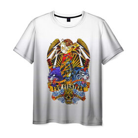 Мужская футболка 3D с принтом Foo Fighters, орел и тигры , 100% полиэфир | прямой крой, круглый вырез горловины, длина до линии бедер | 
