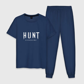 Мужская пижама хлопок с принтом Hunt: Showdown White Logo , 100% хлопок | брюки и футболка прямого кроя, без карманов, на брюках мягкая резинка на поясе и по низу штанин
 | Тематика изображения на принте: crytek | game | hunt | hunt: showdown | hunter | monsters | showdown | игра | крайтек | охота | столкновение