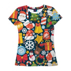 Женская футболка 3D с принтом Новогодний набор , 100% полиэфир ( синтетическое хлопкоподобное полотно) | прямой крой, круглый вырез горловины, длина до линии бедер | new year | елка | новый год | подарок | снеговик | снежинка