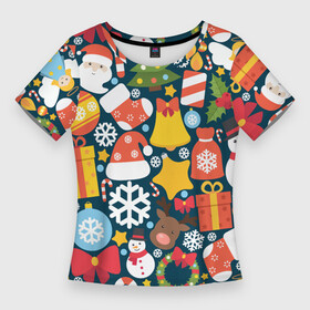 Женская футболка 3D Slim с принтом Новогодний набор ,  |  | new year | елка | новый год | подарок | снеговик | снежинка