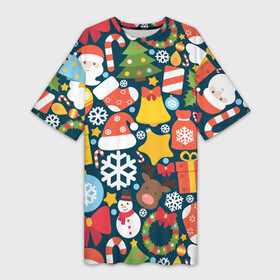 Платье-футболка 3D с принтом Новогодний набор ,  |  | new year | елка | новый год | подарок | снеговик | снежинка