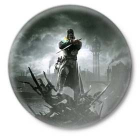 Значок с принтом Dishonored 2 ,  металл | круглая форма, металлическая застежка в виде булавки | dunwall | дануолл | корво аттано