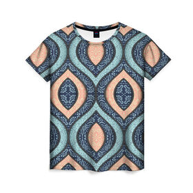 Женская футболка 3D с принтом Восточные узоры , 100% полиэфир ( синтетическое хлопкоподобное полотно) | прямой крой, круглый вырез горловины, длина до линии бедер | бежевый | кружево | мода | модные | синий | узоры | цвет | цветные | яркие