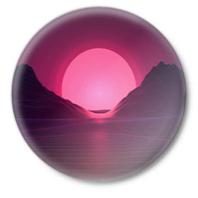 Значок с принтом Cyber Sun ,  металл | круглая форма, металлическая застежка в виде булавки | Тематика изображения на принте: cyber | голограмма | горы | кибер | модные | полосы | ретро | свет | солнце | яркие