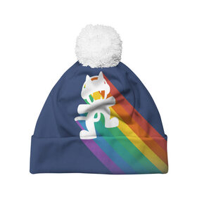 Шапка 3D c помпоном с принтом Rainbow cat , 100% полиэстер | универсальный размер, печать по всей поверхности изделия | Тематика изображения на принте: 