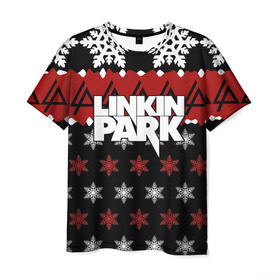 Мужская футболка 3D с принтом Праздничный Linkin Park , 100% полиэфир | прямой крой, круглый вырез горловины, длина до линии бедер | Тематика изображения на принте: b | chester | linkin park | альтернативный метал | альтернативный рок | беннингтон | группа | знак | красный | линкин парк | музыкант | надпись | новогодний | новый год | ню метал | певец | праздник | рождество