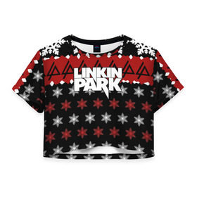 Женская футболка 3D укороченная с принтом Праздничный Linkin Park , 100% полиэстер | круглая горловина, длина футболки до линии талии, рукава с отворотами | b | chester | linkin park | альтернативный метал | альтернативный рок | беннингтон | группа | знак | красный | линкин парк | музыкант | надпись | новогодний | новый год | ню метал | певец | праздник | рождество