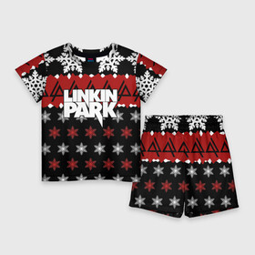 Детский костюм с шортами 3D с принтом Праздничный Linkin Park ,  |  | b | chester | linkin park | альтернативный метал | альтернативный рок | беннингтон | группа | знак | красный | линкин парк | музыкант | надпись | новогодний | новый год | ню метал | певец | праздник | рождество
