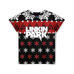 Детская футболка 3D с принтом Праздничный Linkin Park , 100% гипоаллергенный полиэфир | прямой крой, круглый вырез горловины, длина до линии бедер, чуть спущенное плечо, ткань немного тянется | b | chester | linkin park | альтернативный метал | альтернативный рок | беннингтон | группа | знак | красный | линкин парк | музыкант | надпись | новогодний | новый год | ню метал | певец | праздник | рождество