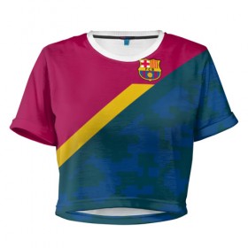Женская футболка 3D укороченная с принтом FC Barcelona 2018 Sport camo , 100% полиэстер | круглая горловина, длина футболки до линии талии, рукава с отворотами | 