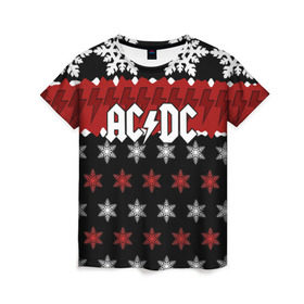 Женская футболка 3D с принтом Праздничный AC/DC , 100% полиэфир ( синтетическое хлопкоподобное полотно) | прямой крой, круглый вырез горловины, длина до линии бедер | ac dc | acdc | for those about to ro | австралийская | ангус янг | блюз рок | головы | группа | знак | красный | крис слэйд | музыканты | надпись | новогодний | новый год | певцы | праздник | рождество | рок | рок н ролл