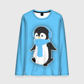 Мужской лонгслив 3D с принтом Penguin blue , 100% полиэстер | длинные рукава, круглый вырез горловины, полуприлегающий силуэт | blue | cartoon | penguin | милый | мультик | мультфильм | пингвин | рисунок