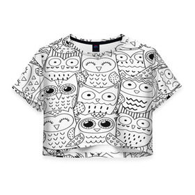 Женская футболка 3D укороченная с принтом Совушки pattern , 100% полиэстер | круглая горловина, длина футболки до линии талии, рукава с отворотами | bird | owl | животные | ночные птицы | птицы | совы