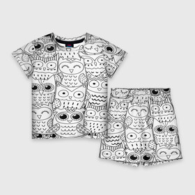 Детский костюм с шортами 3D с принтом Совушки pattern ,  |  | bird | owl | животные | ночные птицы | птицы | совы