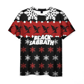Мужская футболка 3D с принтом Праздничный Black Sabbath , 100% полиэфир | прямой крой, круглый вырез горловины, длина до линии бедер | Тематика изображения на принте: black sabbath | группа | новогодний | новый год | рождество | свитер | снежинки | хард рок | хеви метал
