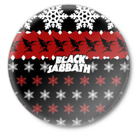 Значок с принтом Праздничный Black Sabbath ,  металл | круглая форма, металлическая застежка в виде булавки | black sabbath | группа | новогодний | новый год | рождество | свитер | снежинки | хард рок | хеви метал