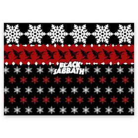 Поздравительная открытка с принтом Праздничный Black Sabbath , 100% бумага | плотность бумаги 280 г/м2, матовая, на обратной стороне линовка и место для марки
 | Тематика изображения на принте: black sabbath | группа | новогодний | новый год | рождество | свитер | снежинки | хард рок | хеви метал