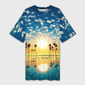Платье-футболка 3D с принтом Туристический Рай ,  |  | блик | вода | волна | восход | закат | море | небо | облако | отблеск | отпуск | отражение | пальма | солнце | турист