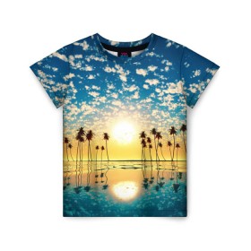 Детская футболка 3D с принтом Туристический Рай , 100% гипоаллергенный полиэфир | прямой крой, круглый вырез горловины, длина до линии бедер, чуть спущенное плечо, ткань немного тянется | блик | вода | волна | восход | закат | море | небо | облако | отблеск | отпуск | отражение | пальма | солнце | турист